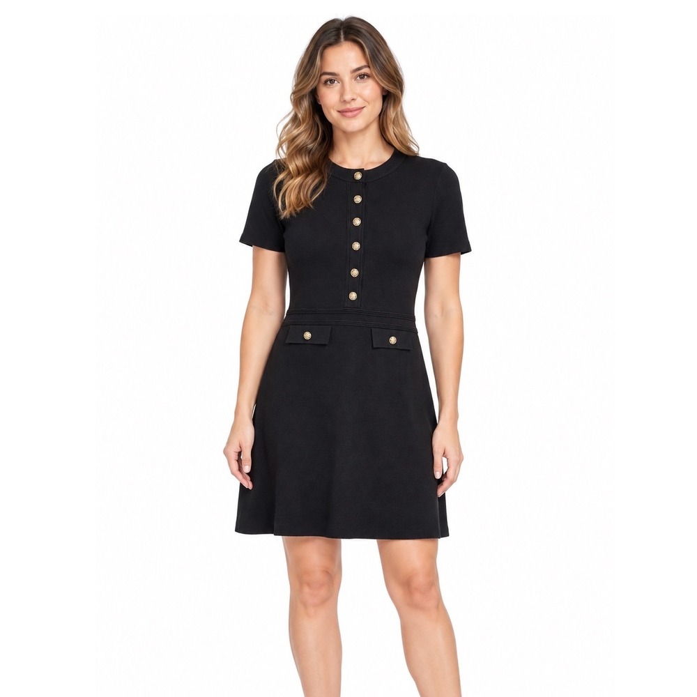 Merokeety Small Black Gold Button Bodycon Sweater Mini Dress Short Sleeve Work